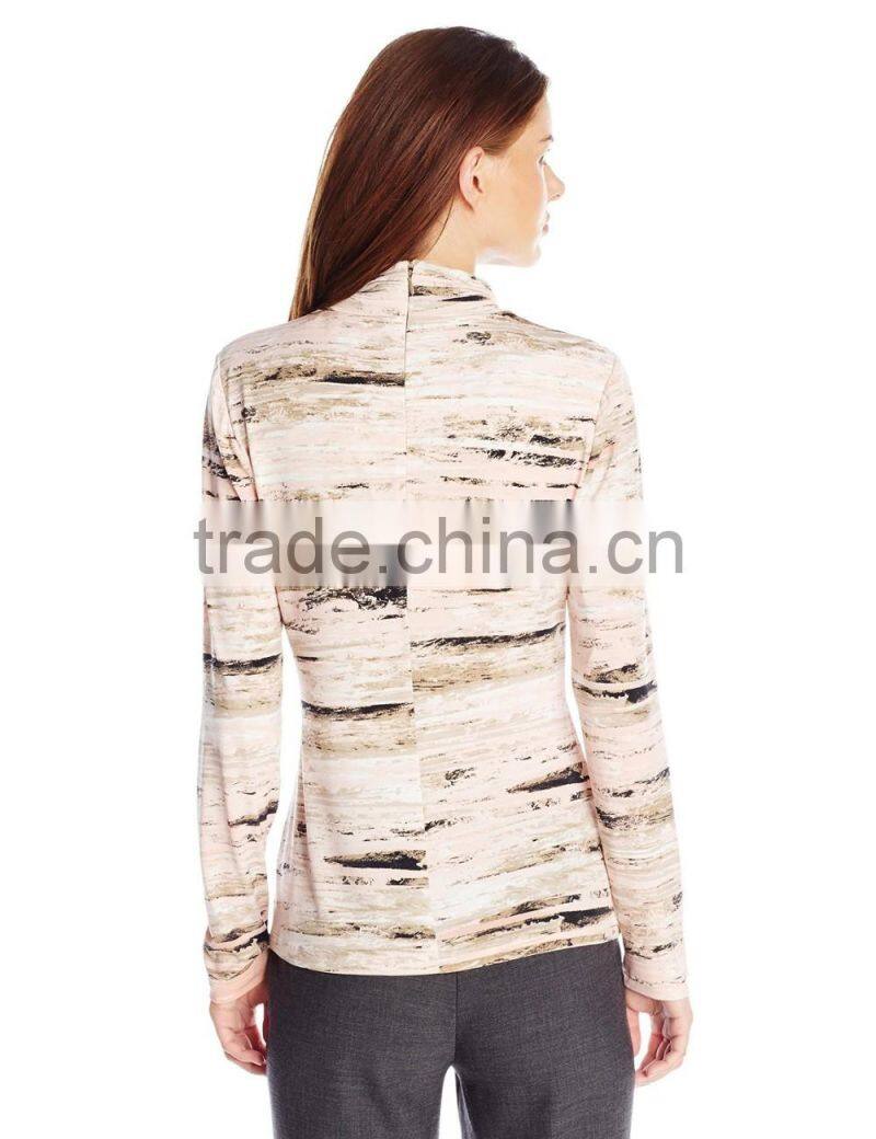 High Neck Ruching full discharged printed long sleeve t shirt