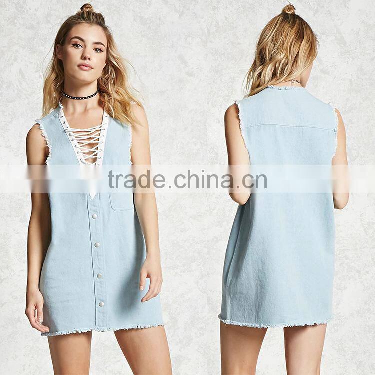 High quality sleeveless denim deep-v hollow sexy mini casual women summer dress