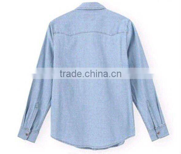 New popular 95% Cotton&5% Spandex Tailored fit light bule Denim/Retro Cowboy Shirt with two fashionable pockets