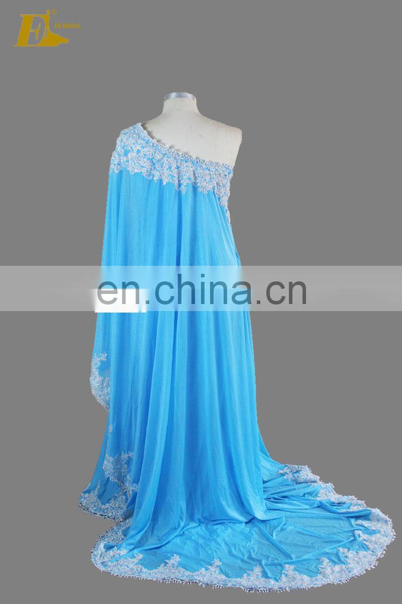 Fashion Blue One Shoulder Lace Hem Pearl Beads 2017 Plus Size Muslim Evening Dress
