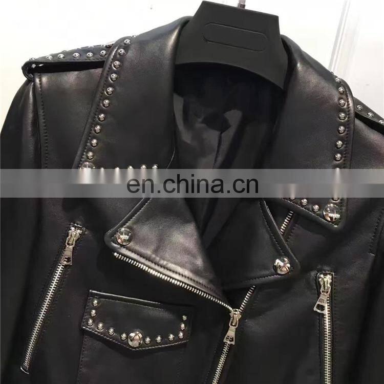 2017 New Fashion Diamond Women Real Leather Jacket Ladies