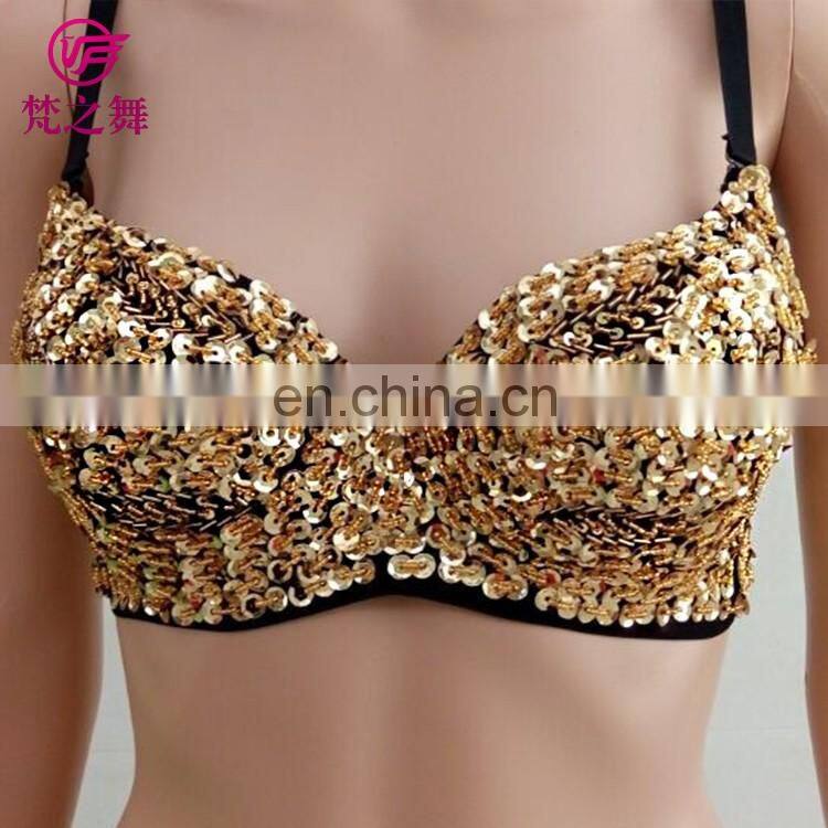 Full copper sequins decorated performance tribal belly dance bra