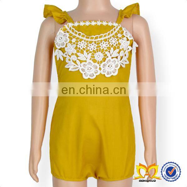 Trendy Newborn Baby Romper Yellow Plain Lace Flutter Sleeve Design Clothes Baby Girl Romper
