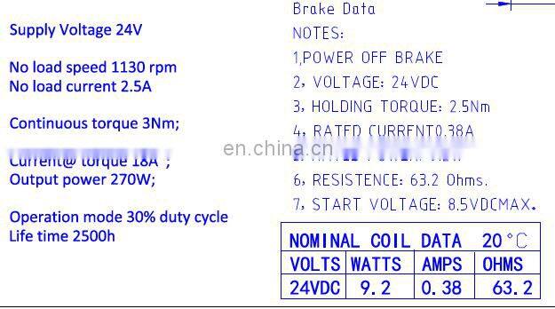 62PLG.80ZYT02A 24v planetary gear dc motor, option for electric brake, rated power 270w