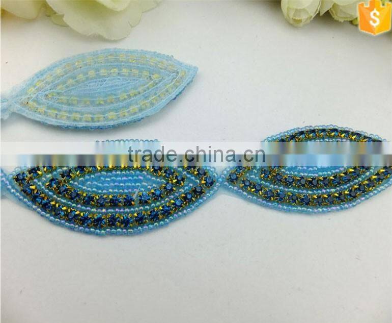 Blue Beaded Rhinestone Crystal Bridal Ribbon Belt Craft Applique