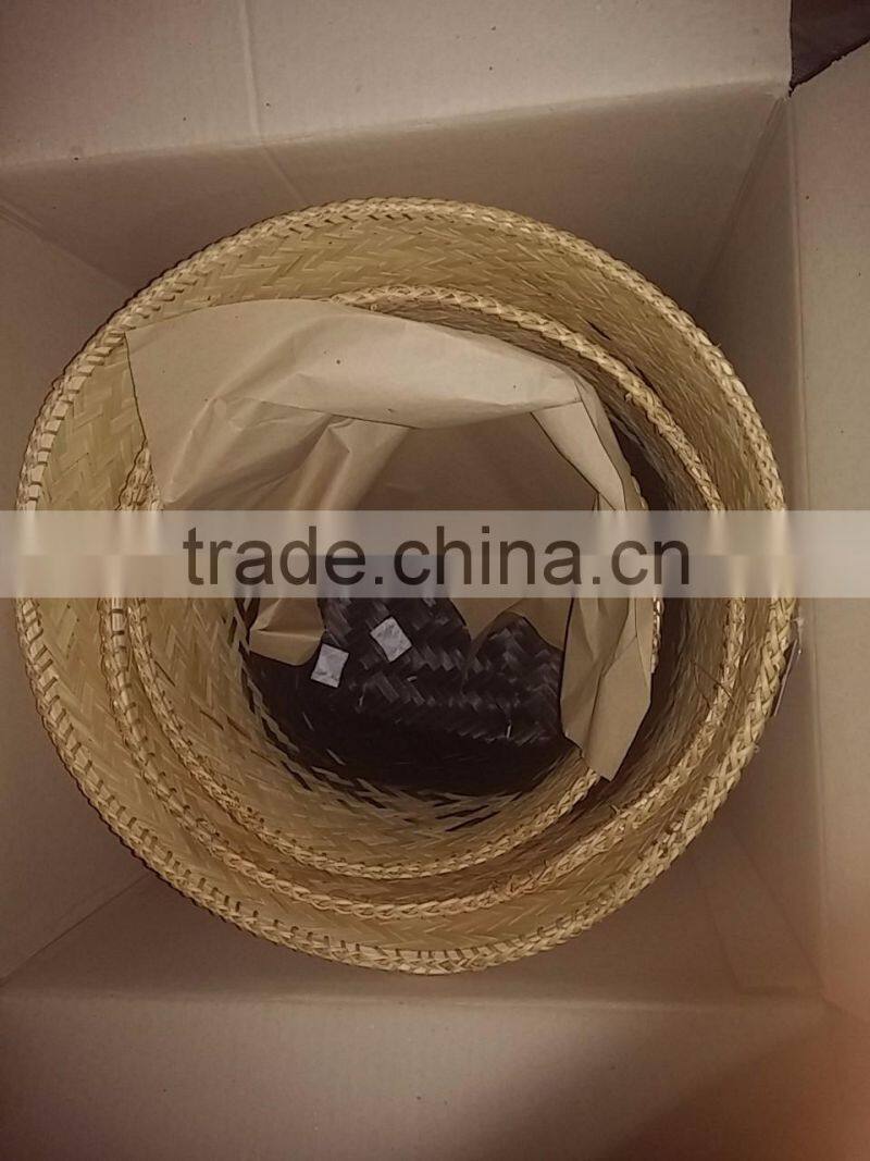 High quality best selling eco-friendly Natural & Pink seagrass storage basket with red pompoms from Vietnam