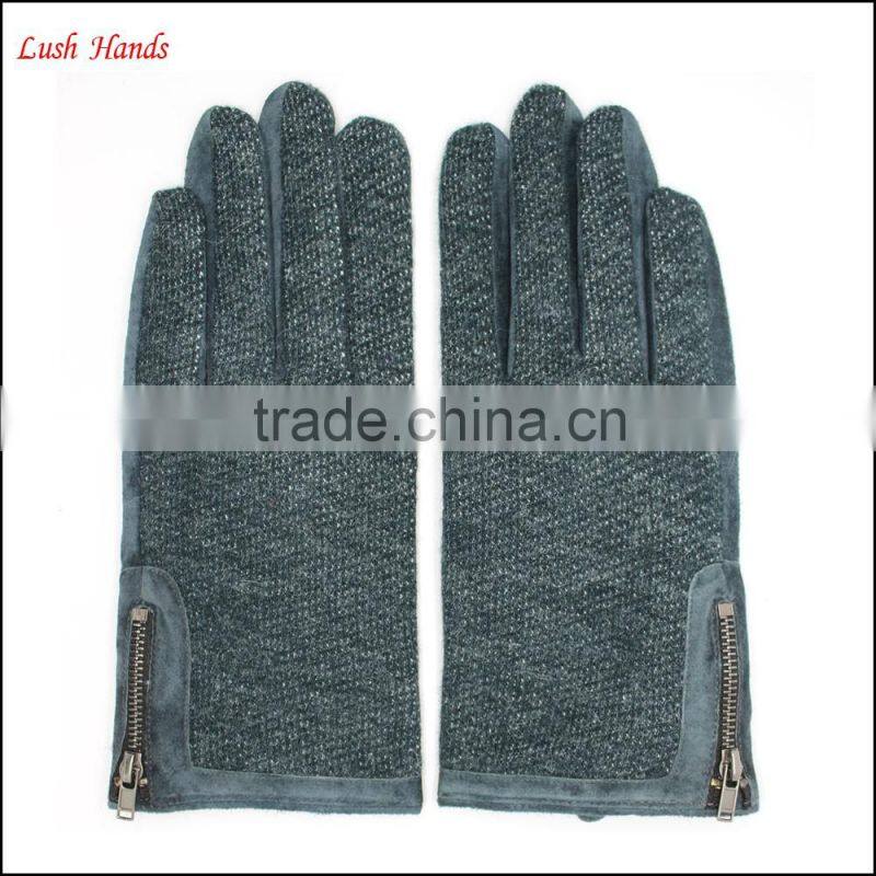 fashion ladies back dark green fabric and palm sheep suede gloves with side zipper