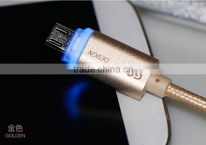 GOLF 1M LED Light Metal nylon weave cable for android mobile phone 2.1A Micro USB Quick charging and data cable