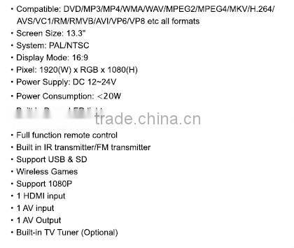 13.3inch car roof mount dvd player car tft lcd roof mounted monitor tv usb