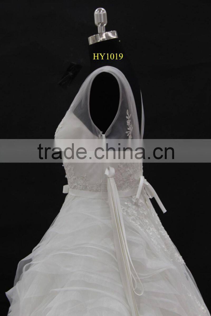 factory real sample! High quality two tulle straps nice design organza ruffle skirt lace wedding dress