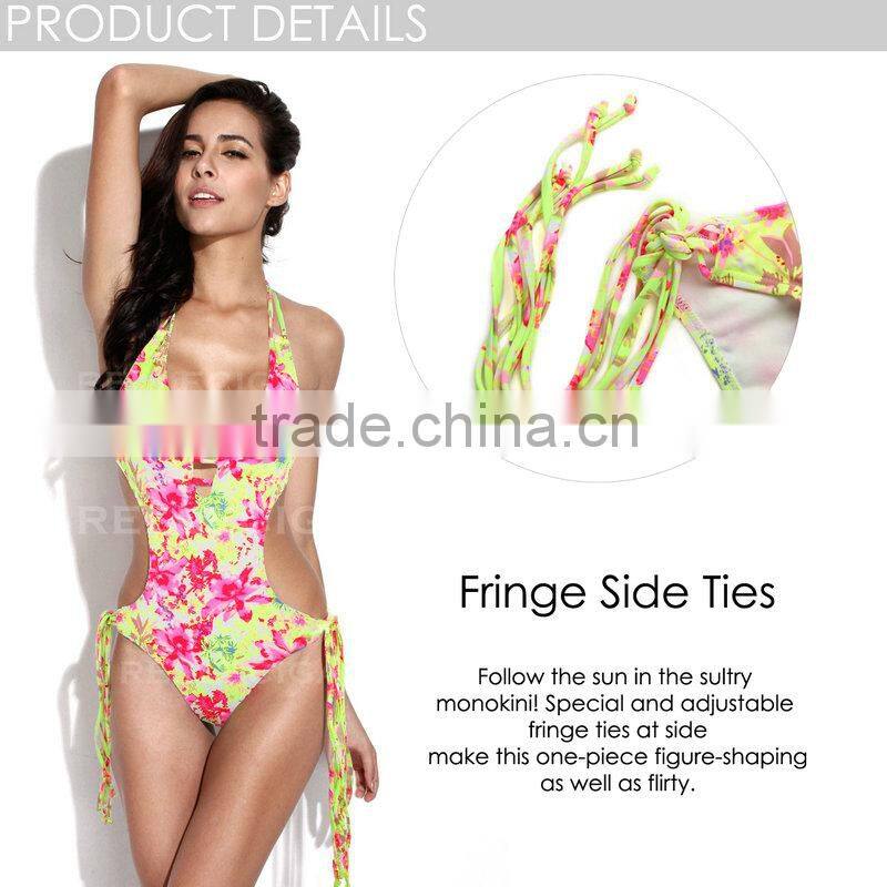 RELLECIGA 2016 OZ Collection - High Contrast Floral Blooming Pattern One-piece Swimsuit with a Trio of Straps at Center Front Op