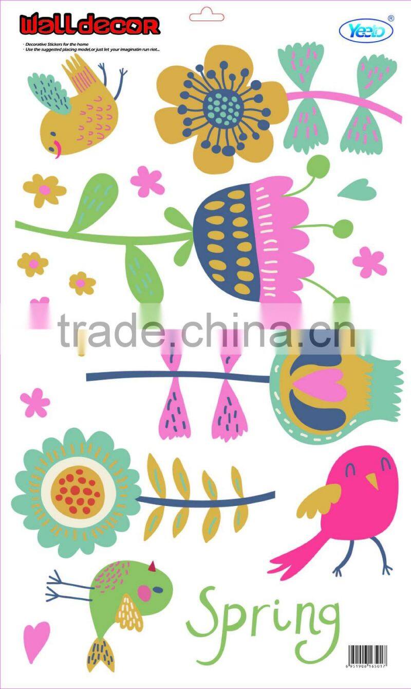 Newest Spring Flower and birds Small Gift Removable PVC Self Adhesive Floral Sticker