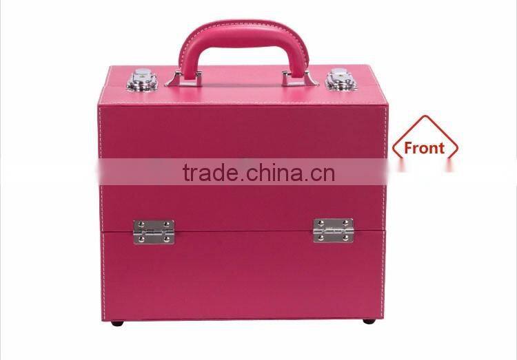 2016 new professional pvc leather makeup case red beauty box cosmetic organizer with 4 trays