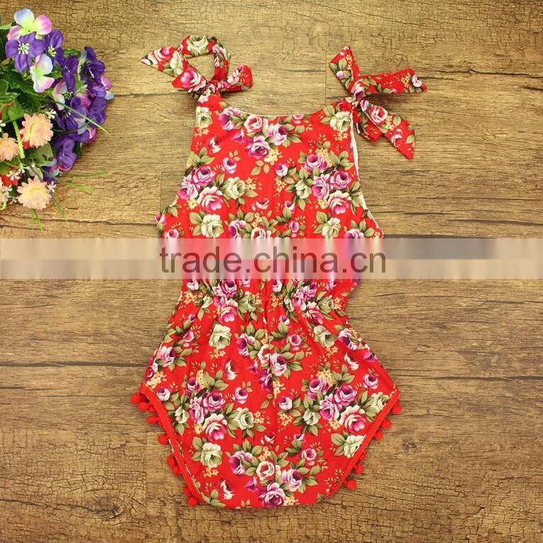 Wholesale kids jumpsuit baby girl pom pom rompers with rose flower baby romper clothes baby rose floral patterns