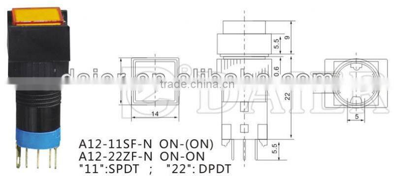 A12-11SF-N ON-(ON) square button push switch with lamp