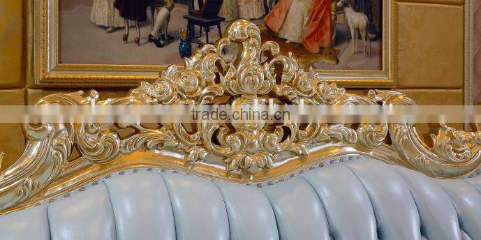 Luxury living furniture wood carving goldfoil light blue genuine leather sofa set