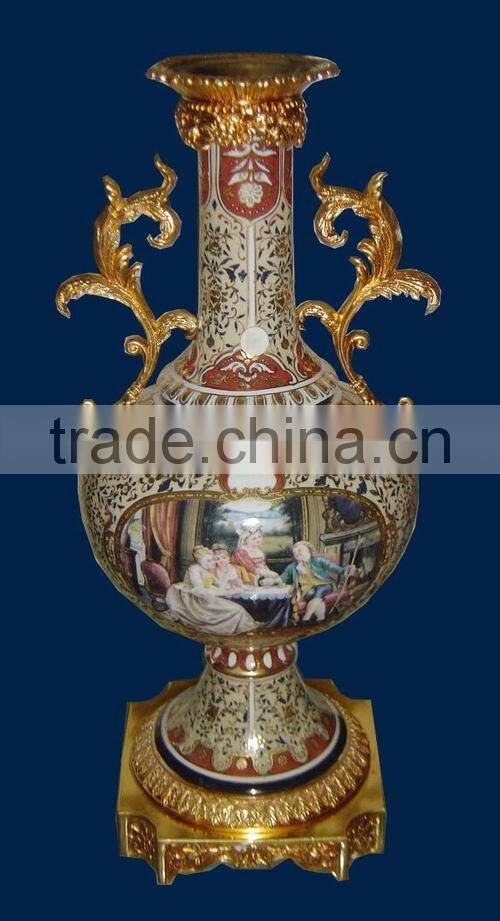 Arabic Style Crackle Ceramic Vase, Hand Painted Gilt Brass Mounted Vase