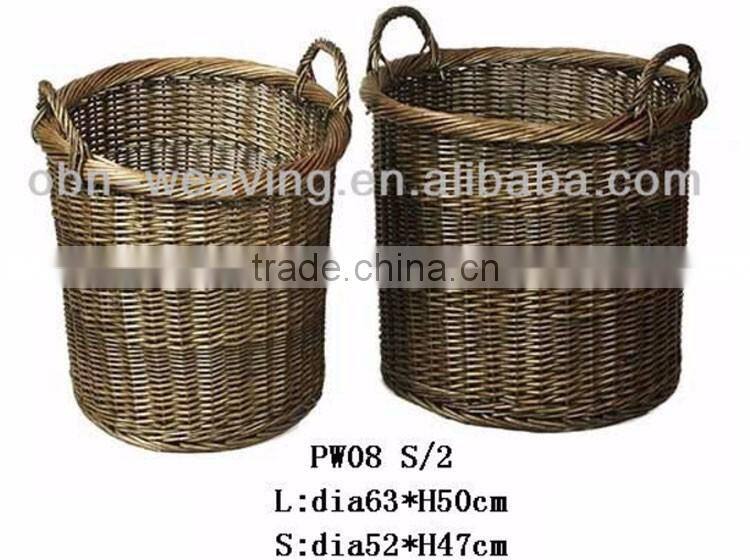 Customized cheap handwoven unique round folding brown wicker laundry basket with cover