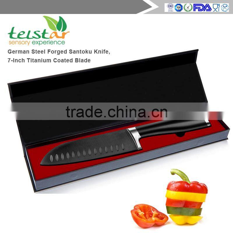 German Steel Forged Santoku Knife, 7-Inch Titanium Coated Blade