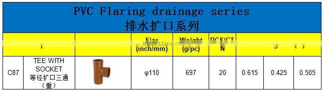 HIGH QUANLITY TEE WITH SOCKET OF PVC GB STANDARD EXPANDING FITTINGS FOR DRAINAGE WITH GASKET