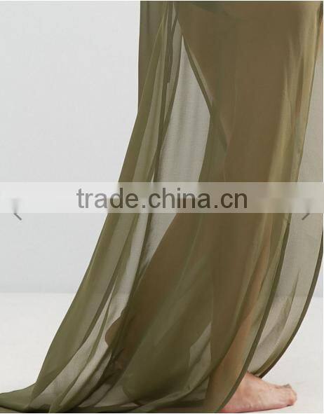 Summer New Style Sexy Plain V-neck Adjustable Straps Side Splits Olive Chiffon Floor-length Beach Kaftan with Cold Shoulders