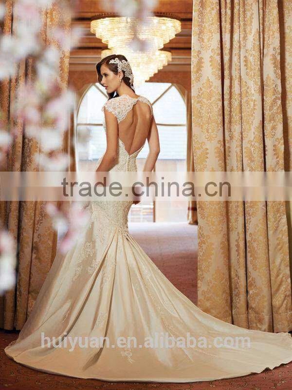 champagne color satin lace cap sleeve mermaid deep backless wedding dress