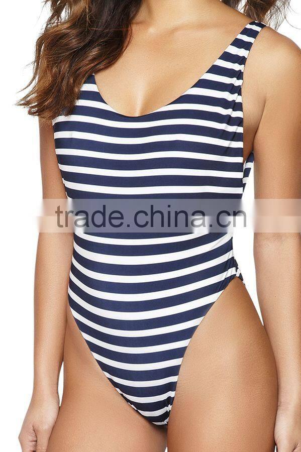 ladies white and blue stripe cut out back one-piece swimwear