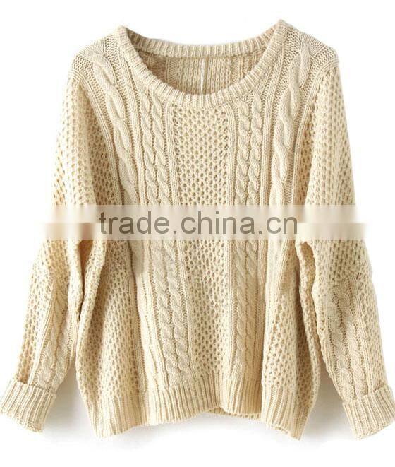 apricot cable knitted cotton ladies batwing sleeve pullover knitted sweater
