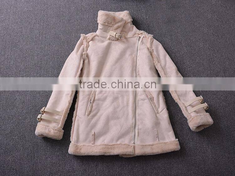 Faux Fur Leather Jackets 2016 Fashion Women's Imitation Lambs Wool Coat Spliced Large Lapel Overcoat with Belt