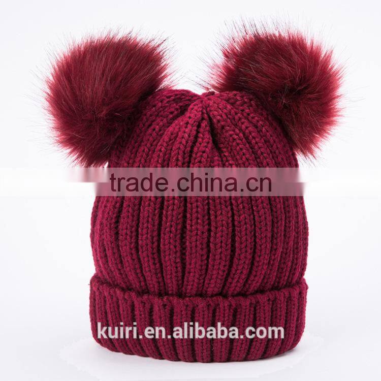 High quality cashmere knitted hat with double fur poms KR-H010