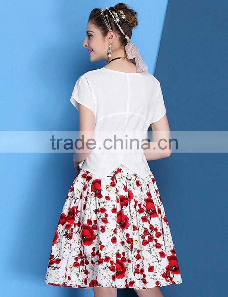 European style O-neck top +elastic waist two pieces printing knee-length dress sets/suits