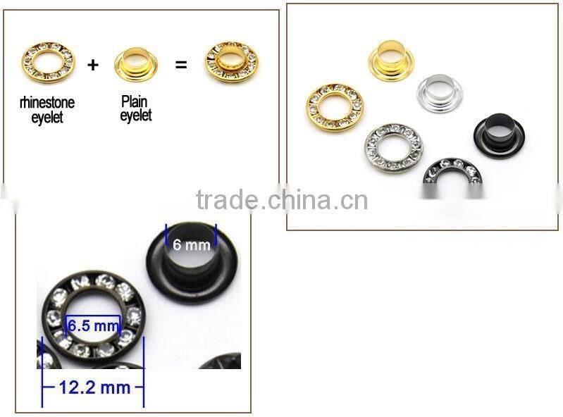 3 colors 12mm round metal brass rhinestone eyelets crystal diamond grommets glass eyelets RE-12mm-001