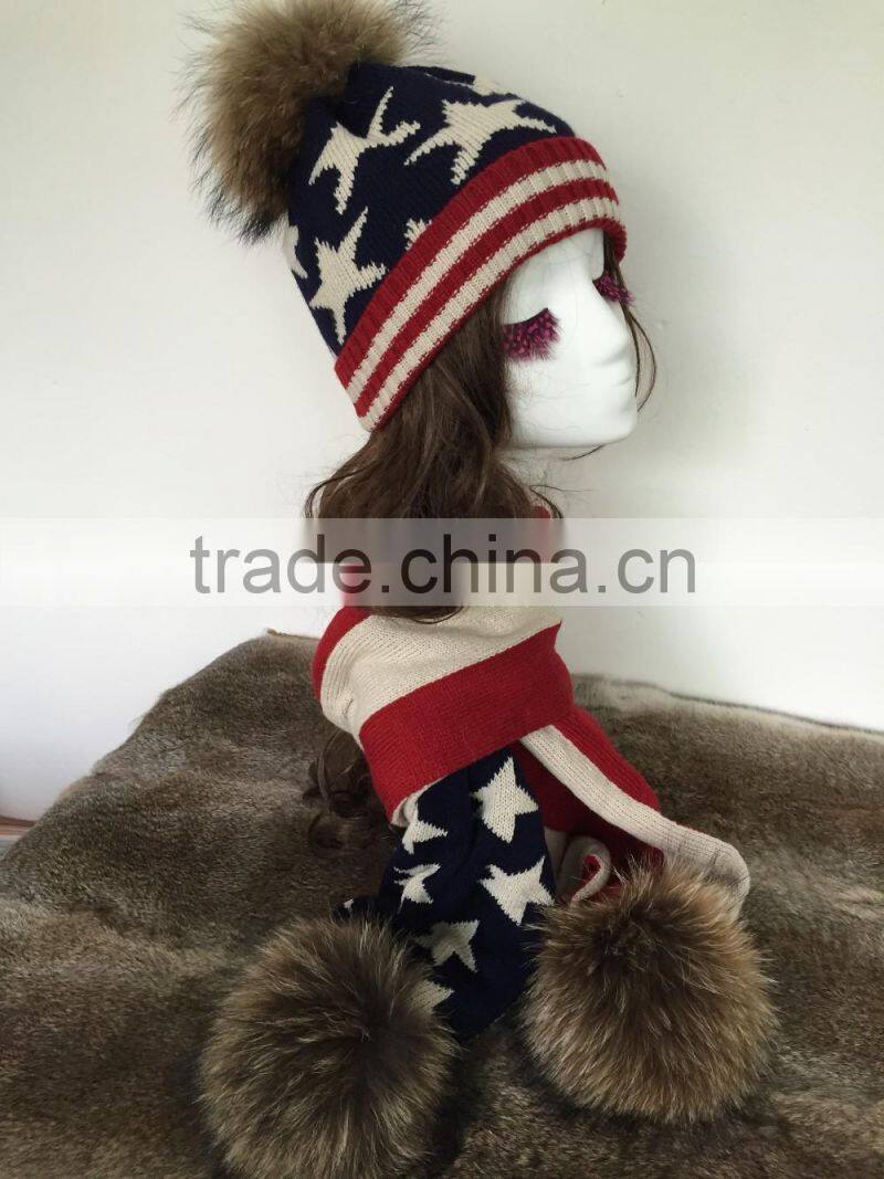 British and American style fashion beanie hat and scarf set with natural big raccoon fur ball decorate