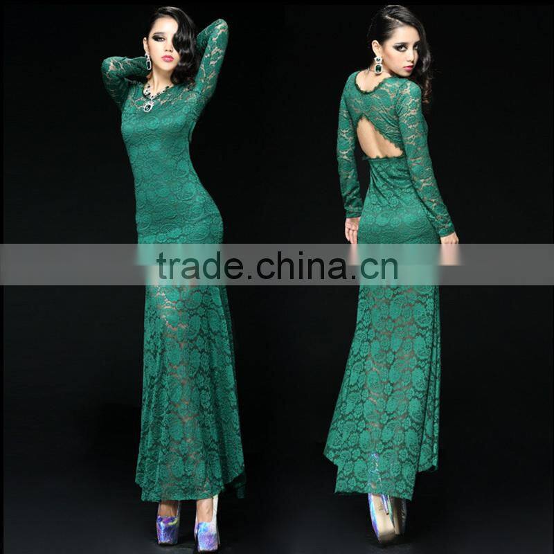 hot selling new designed long sleeve lace evening gown back open ladies bodycon design long sleeve lace evening gown