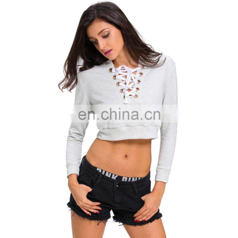2016 New Design Deep V-neck Lacing Collar Crop Top Women Girls T-shirt
