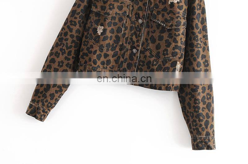 2020 New Design Women's Denim Jean Cropped Leopard Print Bomber Jacket