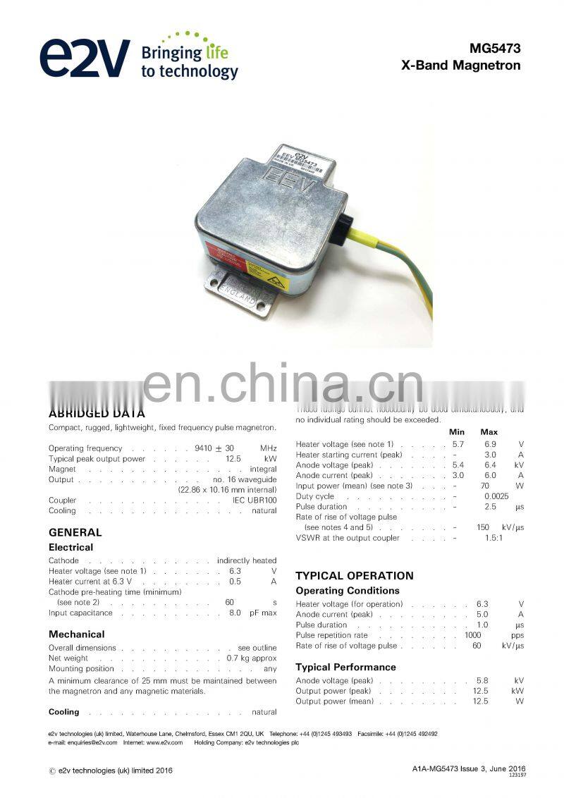 Marine electronics maritime navigation communication Furuno marine radar spare parts UK MG5473 E2V 12.5KW 9GHz X band magnetron