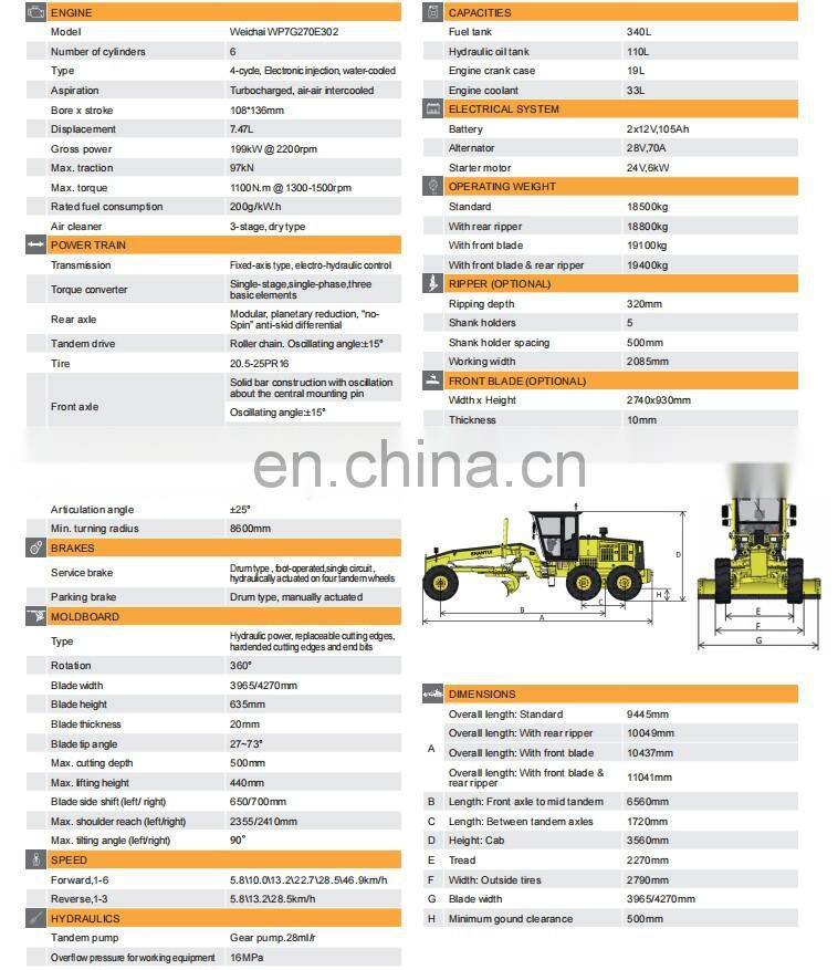 SHANTUI mining grader 18500kg 270hp/199kw motor grader SG27-C5 with 3965/4270mm blade