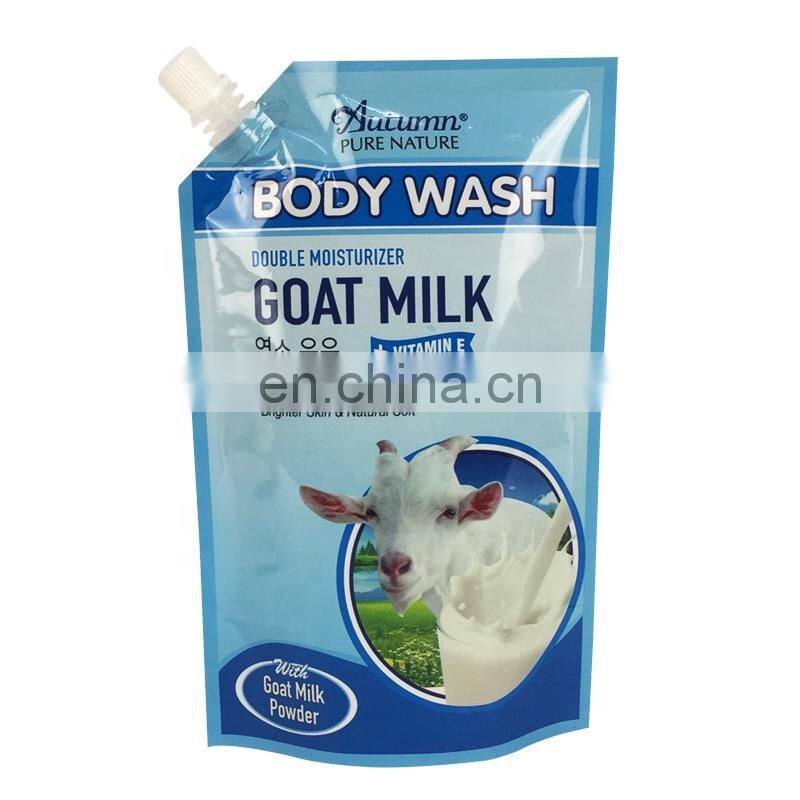 Plastic stand up nylon pouch packing body wash goat milk gel liquid packaging spout bag with cap