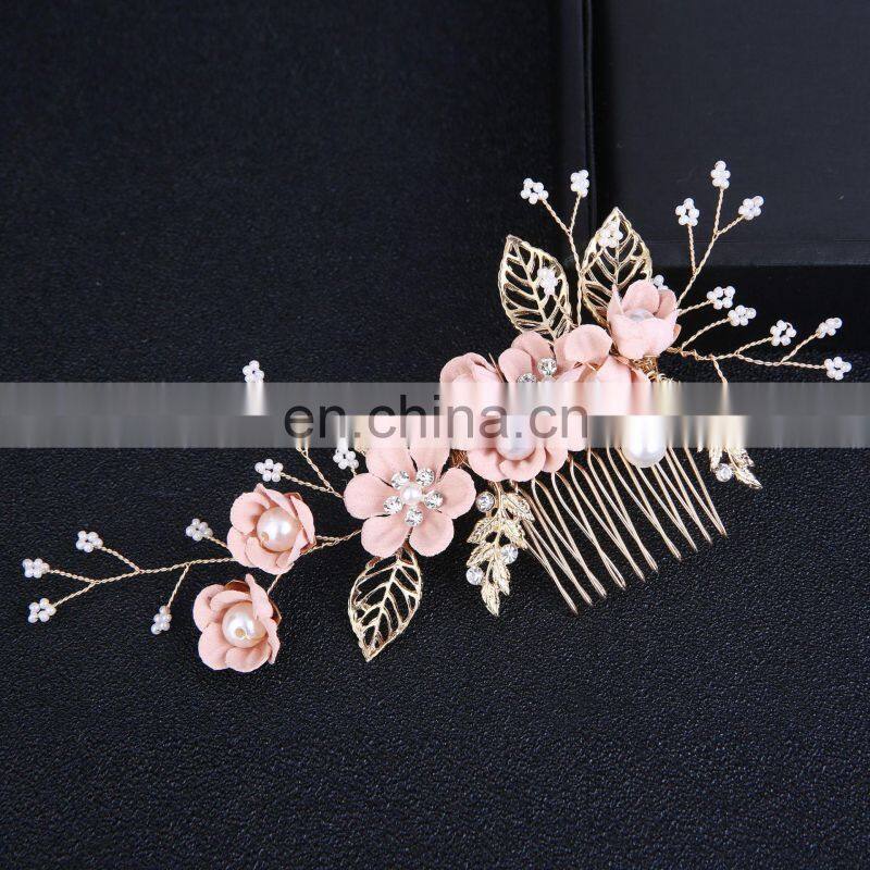 Luxury Blue Flower Hair Combs Headdress Prom Bridal Wedding Hair Accessories Gold Leaves Hair Jewelry