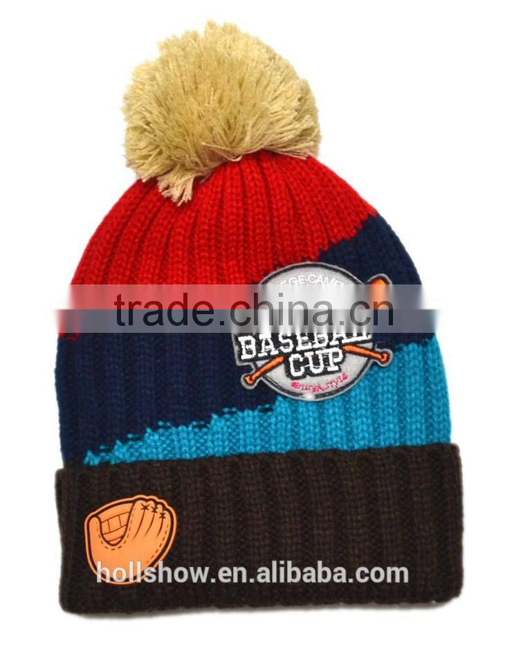 2015 Autumn Winter Newest Four Color Mixed Baseball Cup Applique Pom Pom Style Kids Knitted Wool Hat