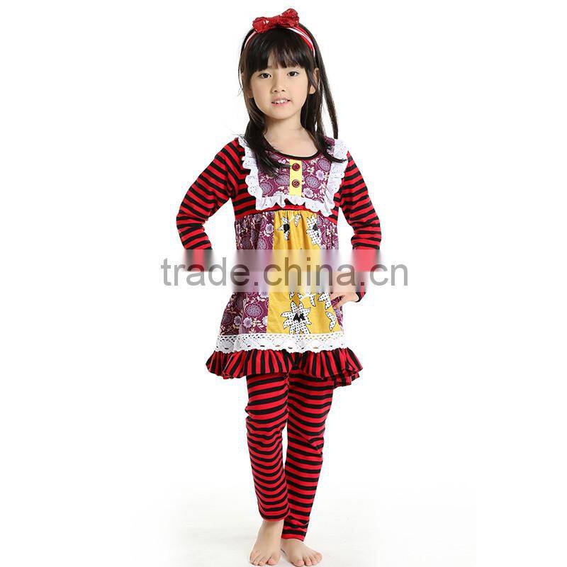 wholesale boutique cute baby top long-sleeve with ruffle & stripe pant Spring Fall clothing set