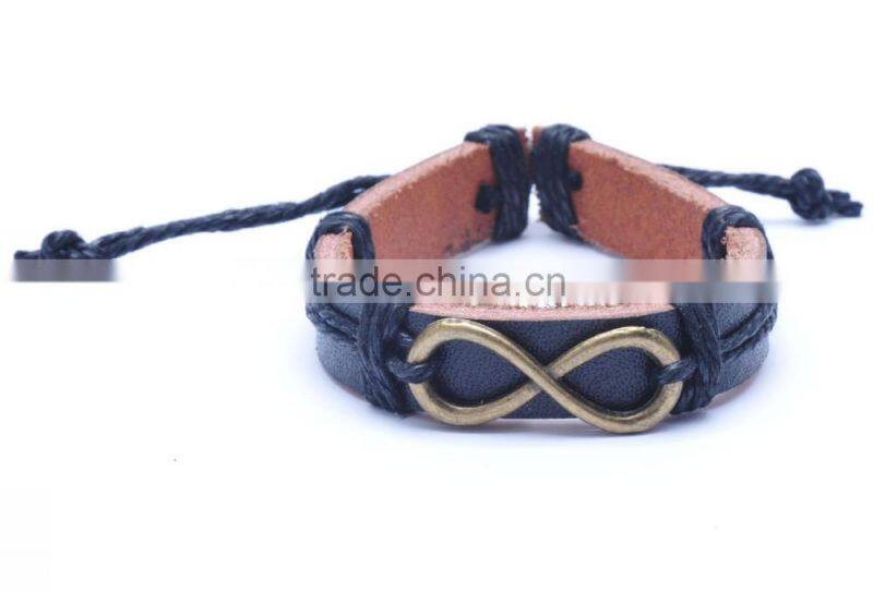 Genuine Leather Bracelet with Antique Brass Simple "8" Accessory.