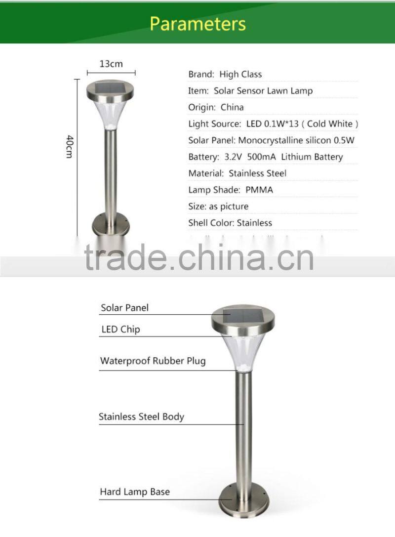 Outdoor Waterproof Stainless Steel PMMA Garden Lamp Sensor LED Solar Lawn Light