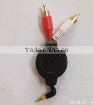 90 degree 3.5mm gold plated male to 2RCA Male audio cable retractable 80cm