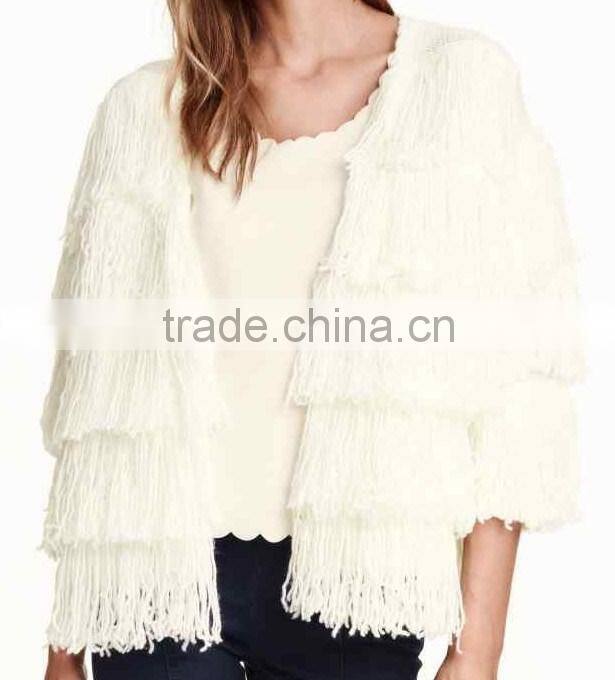 Ladies' dolman sleeve cardigan no button knitted sweater with hand crochet fringe novelty products for sell
