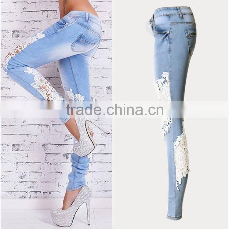 2016 Summer Fashion Women Sexy See Through Jean Pants Ladies Fancy Lace Patchwork Vogue Narrow Bottom New Model Jeans For Lady