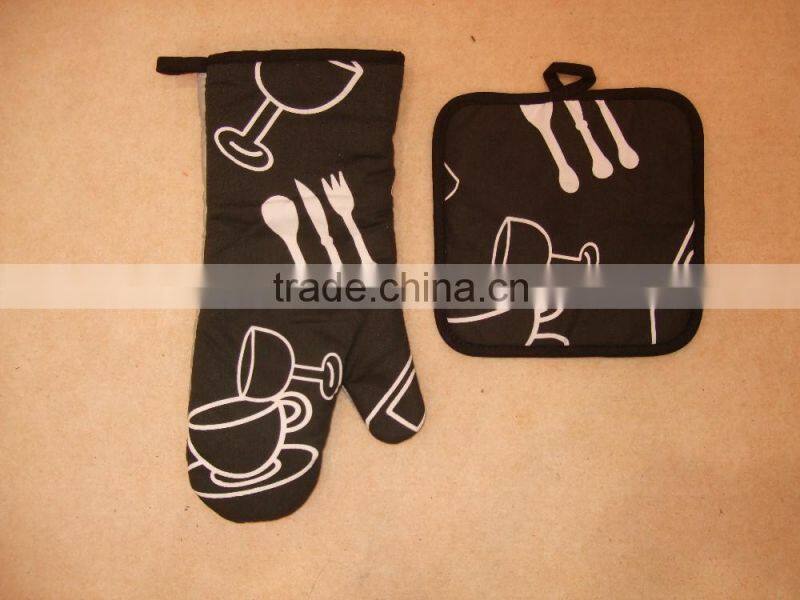 cotton twill material kitchen textile set silk screen printing oven mitten cat design shaped pot holder set