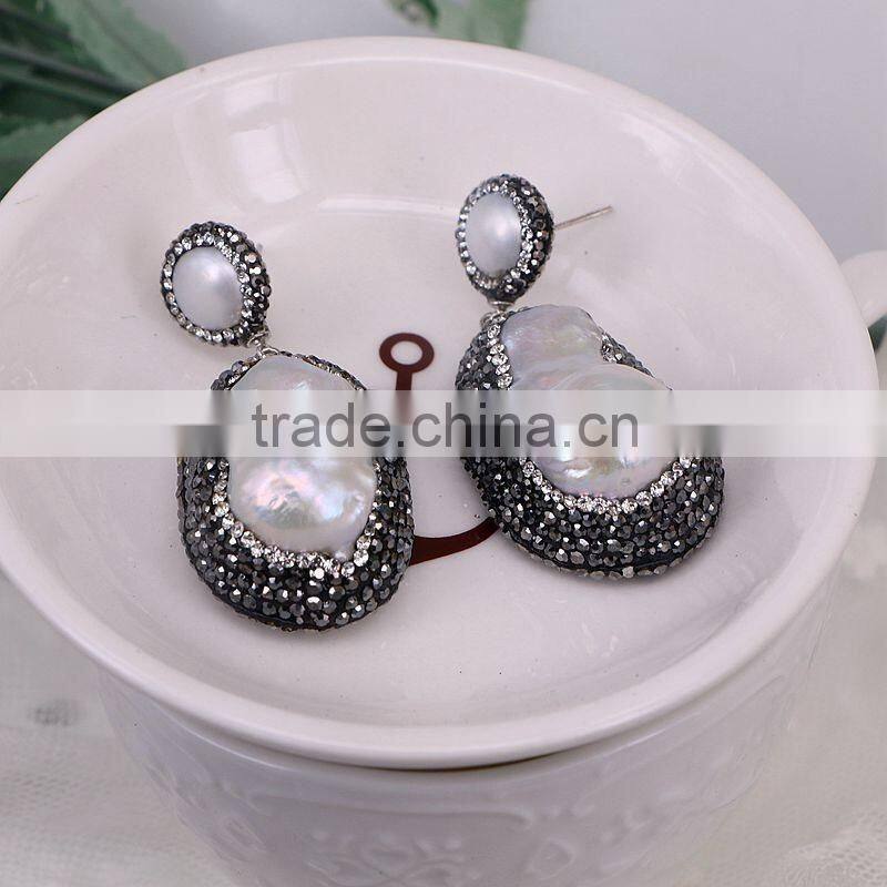 Natural Freshwater Baroque Pearl Earrings, Crystal Pave Mother OF Pearl Druzy Stud Earrings