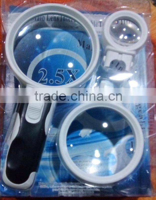 High quality handheld magnifier 2 LED lens interchangeable magnifier magnifying glass with light